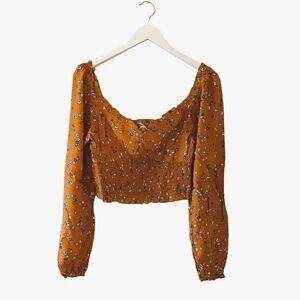 Elodie Womens Crop Top Orange Rust Floral Long Sleeve faux Button Front SZ L